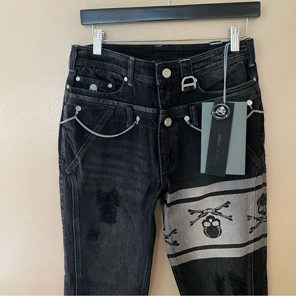 Mastermind Japan x C2H4 jeans double waist skull print chain black NWT S $550 - Picture 8 of 16